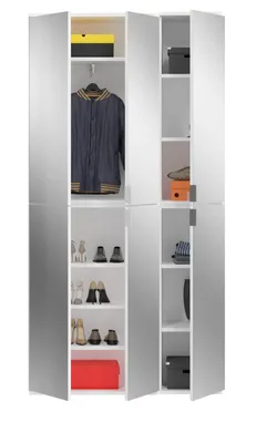 A white wardrobe with mirrored doors, showing various items stored inside, including clothing, shoes, and boxes.