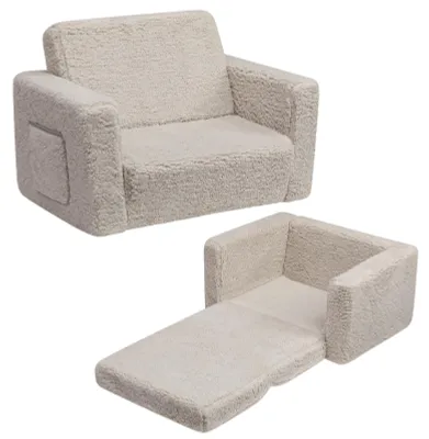 2-in-1 ausklappbares Kinderbänkchen, Sherpa-Stoff, hellgrau