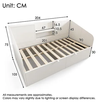 Productafbeelding van Hydraulisch dagbed 90 x 200 cm in wit, houten bed met 2 planken, bedbox, USB, Type-C, lattenbodem