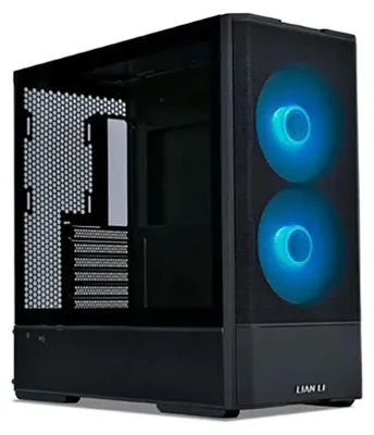 A black computer tower case with blue LED fans.