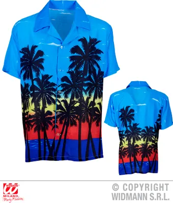 A short-sleeved Hawaiian shirt with a palm tree print, shown from the front and back.