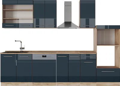Image de Armoires de cuisine Vicco Fame-Line bleu foncé brillant/chêne doré 300cm avec armoire haute, sans PT, Model 49769