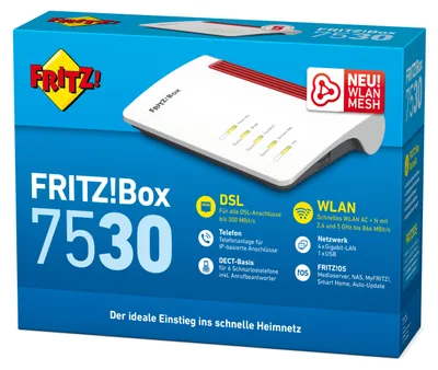 Zdjęcie produktu dla Box 7530, Wi-Fi 5 (802.11ac), Dual-band (2.4 GHz/5 GHz), Przewodowa sieć LAN, ADSL, Czarny, Czerwony, Biały, Router biurkowy