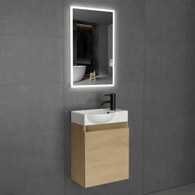Produktbild von Alpenberger Waschbecken mit Unterschrank Gäste WC 45 cm LED Spiegel Kleiner Waschtisch mit Unterschrank hängend & LED Spiegel 45x70 cm Touch: Keramik, MDF, Soft-Close Tür, Überlauf – Gäste WC