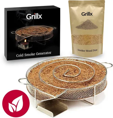 Produktbild von Grillx Kaltrauchgenerator mit Erlen-Räuchermehl – 3 Liter – Edelstahl Räucherbox – BBQ Zubehör