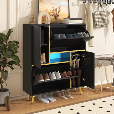 Image de Armoire à Chaussures Moderne Avec Façades Brillantes,portes à Étagères Réglables,led Couleurs, Noir
