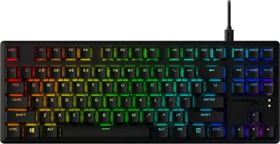 A black HyperX Alloy Origins Core keyboard with RGB lighting.