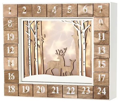 Zdjęcie produktu dla Kalendarz adwentowy BRUBAKER Forest Wood White Nature z oświetleniem LED 35,5 x 6 x 27 cm