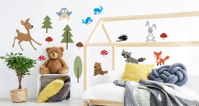 Produktbild von Muralo Wandsticker Gemalte Waldtiere mit Bumen 50 x 100 cm Wandtattoo Wanddeko Aufkleber Set Kinderzimmer XXL