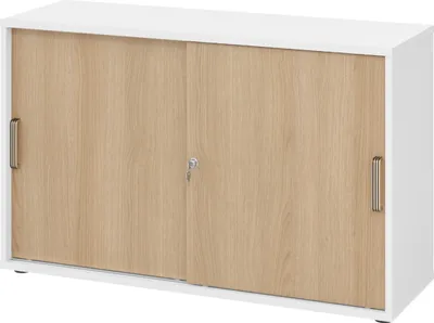 Produktbild von bümö Schiebetürenschrank office - 2 Ordnerhöhen - Griff: Streifengriff (Kunststoff), Nachbildung: Weiß/Eiche