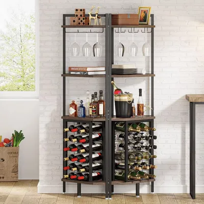 Produktbild von Weinkühlschrank - Weinflaschenhalter - Getränkeschrank - Eckschrank - Schrank - Mit Glasablage - Industrieller Stil - Holz und Metall - Braun/Schwarz