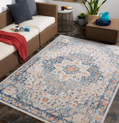 Produktbild von Outdoorteppich - Wetterfest Boho Teppich für Balkon und Terrasse, Blau Beige 160x213 cm