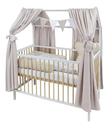 Produktbild von Baby-Delux Hausbett Kinderbett Gitterbett Weiß Natur 60x120 Beißschienen Schutzgitter Matratze Bett Set Waffelpique Bärchen Beige Musselin Himmel