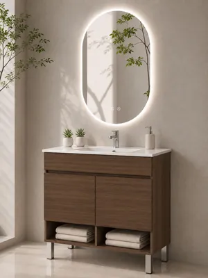 ORIGEN BATH NEBARI Badmöbel mit Füßen und Waschbecken 90x45 cm, Tea-Esche