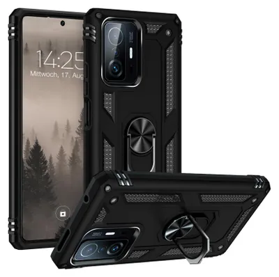 A black protective phone case with a ring holder, shown from multiple angles, with a phone screen visible in the background.