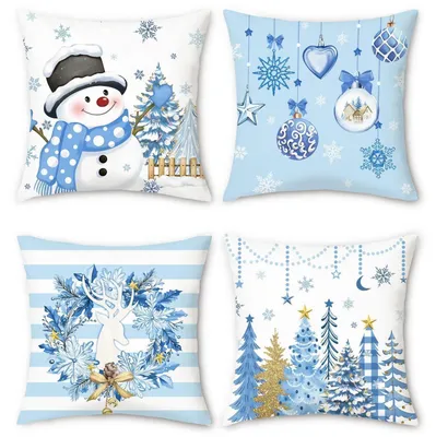 Immagine prodotto di Cuscini decorativi natalizi, 45x45 cm, in velluto, con motivo di pupazzo di neve e albero di Natale, set da 4