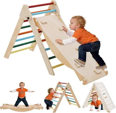 Imagen del producto de Estructura de escalada Montessori 5 en 1, ideal para interiores, con tobogán, escalera de escalada, techo tipo tienda, balancín. Juego de madera plegable para escalar, apto para interiores y exteriores. Parque infantil para niños de 1 a 5 años