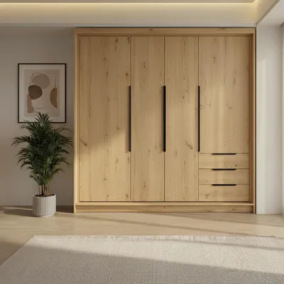 Produktbild von Geräumiger vier-türiger Kleiderschrank KLARI mit Schubladen und Metallgriffen – modernes Design