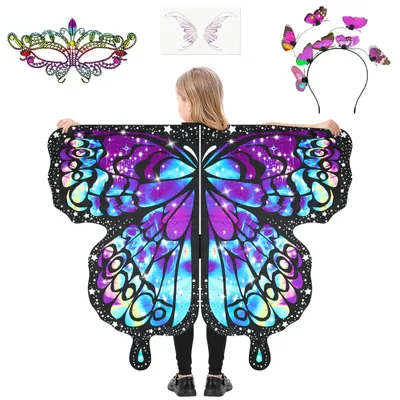 Imagen del producto de Disfraces de mariposa para niñas, que incluyen capa, máscara, diadema y pegatinas. Talla para niñas. Ideal para disfraces