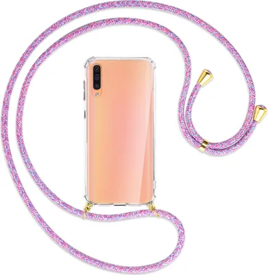 Produktbild von Handykette Backcover-Schutzhülle mit Band (Metall goldfarben) für Samsung Galaxy A50 - lila/rosa/blau