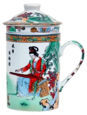 Produktbild von Keramik Teetasse mit Deckel + Sieb für Losen Tee mit (Mädchen in Rot, 042), Asiatisches Motiv, Porzellan, Tee-Becher