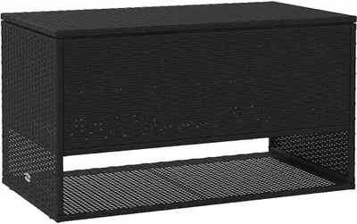 A black outdoor storage box made of poly rattan.