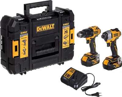 A set of DeWalt power tools, including a drill, impact driver, charger, and a storage case, are displayed on a white background.
