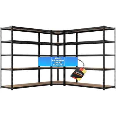 Produktbild von ALL Premium Schwerlastregal Eckregal 180x90x60 cm + 2X 180x150x60 cm Schwarz - 1250kg Traglast ideal für Lager & Garage