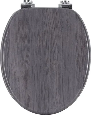 A top-down view of a gray wooden toilet seat with silver hinges, isolated on a white background.