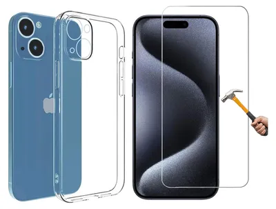 A blue iPhone with a clear protective case and a screen protector are displayed.