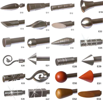 A collage of various curtain rod finials and decorative elements.