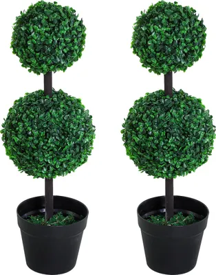 Zdjęcie produktu dla Fortuna Lai sztuczne rośliny, zestaw 2 sztuki, duże, 67 cm, sztuczna roślina z 2 kulami, plastikowe drzewko sztuczne w doniczce, sztuczne drzewko jak prawdziwe do salonu, sypialni, biura, ogrodu, nowoczesna dekoracja, prezent
