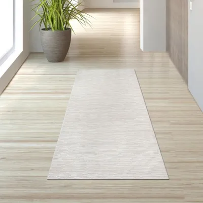 Image de Tapis moderne avec une structure fine et un design élégant de lignes en crème Taille - 80 x 300 cm