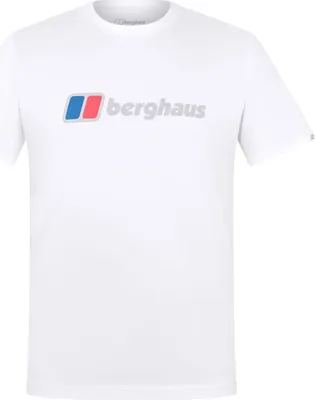 Weißes T-Shirt von Berghaus mit großem; farbigem Logo auf der Vorderseite.