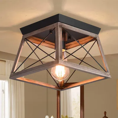 Deckenleuchte, rustikaler Metallkäfig, 25x25x17 cm, E27, 60W, Holzfarbe