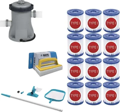 Produktbild von WAYS - Poolpflege - Wartungsset & Filterpumpe 1249 L/h & 12 Filter Typ I & WAYS Scheuerbürste