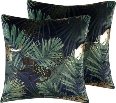 Zdjęcie produktu dla BELIANI Zestaw 2 poduszek zielony welurowy liście palmy 45 x 45 cm z nadrukiem z wypełnieniem ozdobna akcesoria salon sypialnia