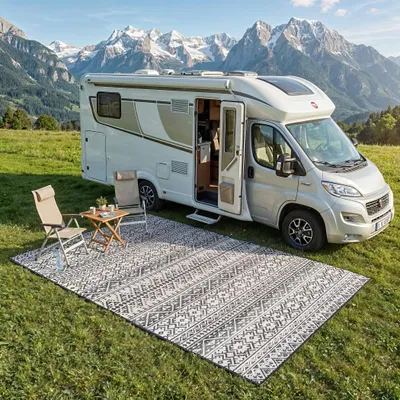 Produktbild von EVOCAMP Outdoor Teppich 250x400 cm, Kunststoffteppich, wetterfest für Terrasse, grau-weiß