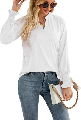 Produktbild von ASKSA Damen Blasen Langarm T-Shirt Elegant V-Ausschnitt Rüschenärmel Lässiges Lose Einfarbig Oberteil, Weiß, L