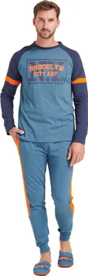 Produktbild von Sorbetto Langer Herren-Pyjama/ Schlafanzug aus Baumwolle  Hellblau/ Orange Gr. XL