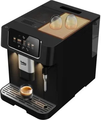 A black automatic coffee machine with a glass of espresso on the drip tray and two empty glasses on top.