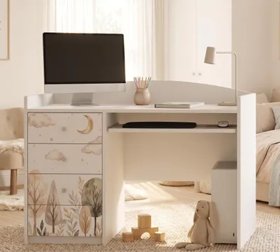 Immagine prodotto di Scrivania per studenti, bianca, con decorazioni per bambini, scrivania per adolescenti 125x60 cm con quattro cassetti, tavolo per i compiti, scrivania per computer, ideale per la cameretta dei bambini, Immagine generata dall'IA