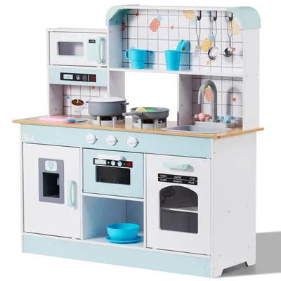 Produktbild von VEVOR Spielküche für Kinder, Holzspielzeug-Küchenset mit Lichtern und Geräuschen, Kleinkinderküche mit Eismaschine, Ofen, Spüle, Mikrowelle, Kühlschrank und Utensilien- und Obstzubehör