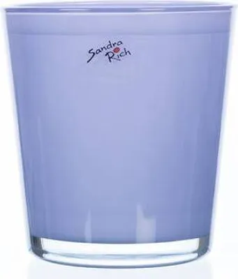 A lavender-colored glass orchid pot with a brand logo on it, set against a white background.