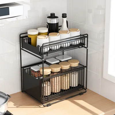 Produktbild von Küchenregal Steckregal zum Rausziehen,Schiebeschrank Korb,Aufbewahrungs Organisator für Küche/Badezimmer Schwarz