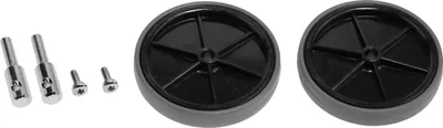 A set of vacuum cleaner wheels and screws on a white background.