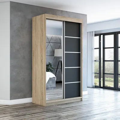 Produktbild von Schwebetürenschrank GAP 120 cm 2-türig Schrank mit Spiegel. Farbe: Sonoma / schwarz