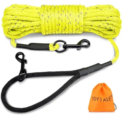 Obrázek produktu pro Obojky s prodlužovací šňůrou pro psy, délka 10 metrů, neonově žlutá barva, polstrovaná rukojeť, reflexní švy, nylon, 2 karabiny