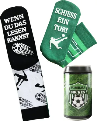 Produktbild von Fussball Socken in einer Geschenk-Dose, Geschenk für Männer zum Fussball Abend, Odd-Socks, WENN DU DAS LESEN KANNST, SCHIESS EIN TOR! (Sportler-Feld)