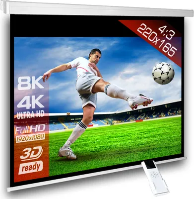 A soccer player kicking a ball on a stadium field, displayed on a projector screen.